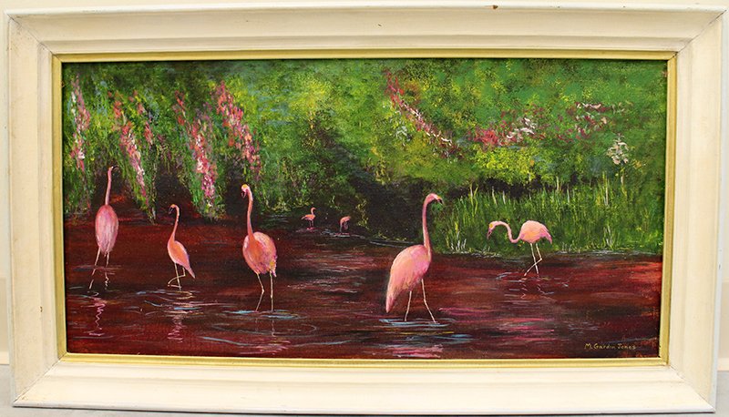 M. GARDIN JONES FLAMINGO PAINTING: Oil painting of flamingos wading in the water. Signed M. Gardin Jones lower right. 27 1/4" x 15 1/4" with frame.