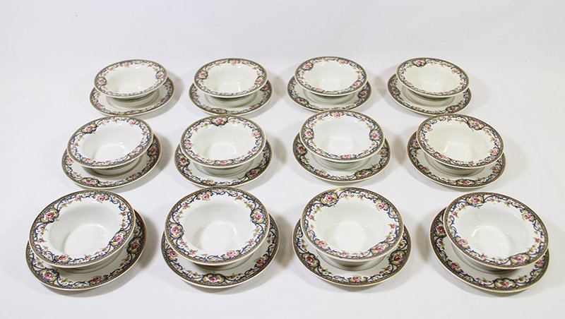 (12) THEODORE HAVILAND LIMOGES RAMEKINS: Set of twelve Theodore Haviland Limoges ramekins & saucers. Perfect set for berries, custard, & desert. Marked on bottom with impressed T H mark. Saucers 5" wide ramekin cups 4 1/4" wide.