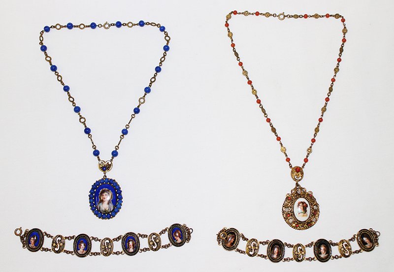 RENAISSANCE REVIVAL PORTRAIT JEWELRY: Collection of antique hand painted portrait jewelry to include 2 necklaces and 2 bracelets. Jewelry is enamel with seed pearls, blue lapis and carnelian stones. Bracelets without clasp approximately 6