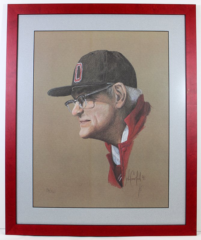 JOHN CRAWFORD "WOODY" HAYES ARTWORK: Ohio State Buckeyes Woody Hayes portrait artwork by John Crawford. Signed & numbered. Measures 25" x 20 1/2" with frame.