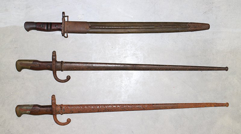 UNITED STATES & FRENCH BAYONETS: 1917 Remington bayonet and (2) 19th century French bayonets. Inscribed with MRE d'Armes De St Etienne on top and dated 1878 & 1879.