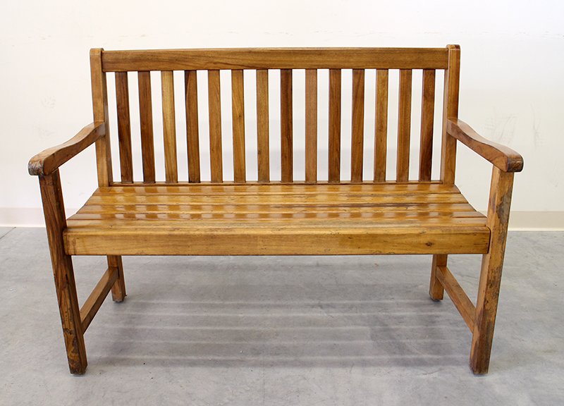 TEAK BENCH: Teak garden bench. 35 1/2" tall to back, 37 1/2" x 19" wide.