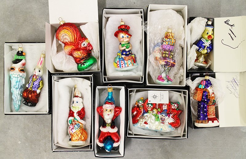 (10) CHRISTOPHER RADKO ORNAMENTS: Collection of 10 Radko Christmas & more ornaments. Some with boxes.