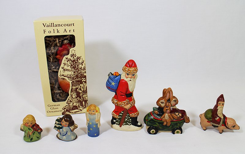 (7) VAILLANCOURT CHALKWARE FOLK ART FIGURINES: Collection of seven Vaillancourt chalkware figurines including 2001 Bunnies on Wagon # 120, 2000 Angel holding candles, 2000 Angel with Tree # 4886, 2000 Angel with Violin # 672, 1998 Santa on Pig # 4