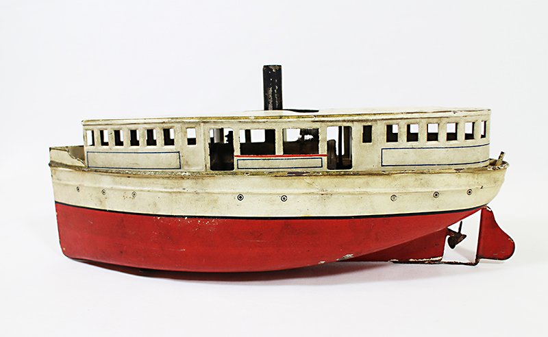 BING GERMAN RIVER STEAM BOAT: Antique Bing German river boat steam ship. Marked on deck with Bing hallmark and Germany. Some paint loss. Measures 12 3/4" long.
