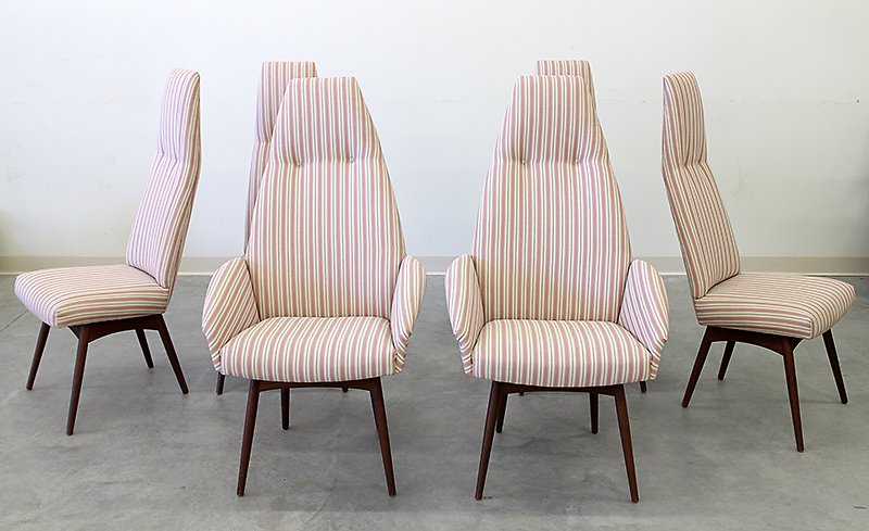 ATTB. ADRIAN PEARSALL MID CENTURY MODERN CHAIRS: (6) Mid Century Modern high back dining chairs. Attributed to Adrian Pearsall. Two with arms. Chairs measure 47 1/2" tall, 19" wide (armchairs 27" wide) 18" depth.
