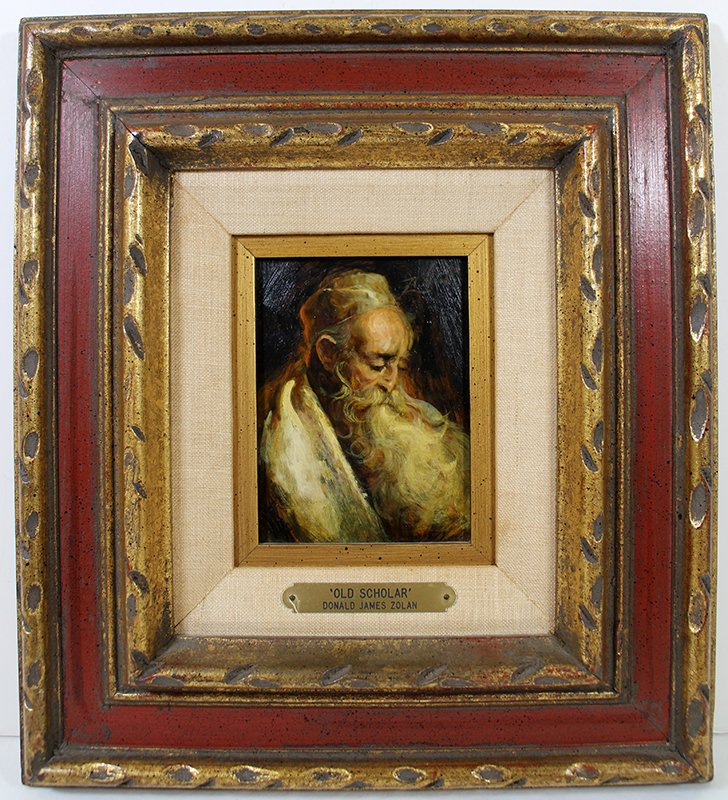 DONALD JAMES ZOLAN PAINTING: Donald James Zolan (American 1937-2009) Painting titled "Old Scholar." Measures 6 1/4" x 5" on board and 13 3/4" x 12 1/2" with frame.