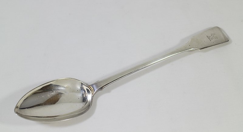 GEORGE III STERLING SERVING SPOON: George III circa 1816 sterling silver spoon. Squirrel engraving on handle. London hallmarks with Josiah and George Percy maker. 12" long weighs 4 OZT.