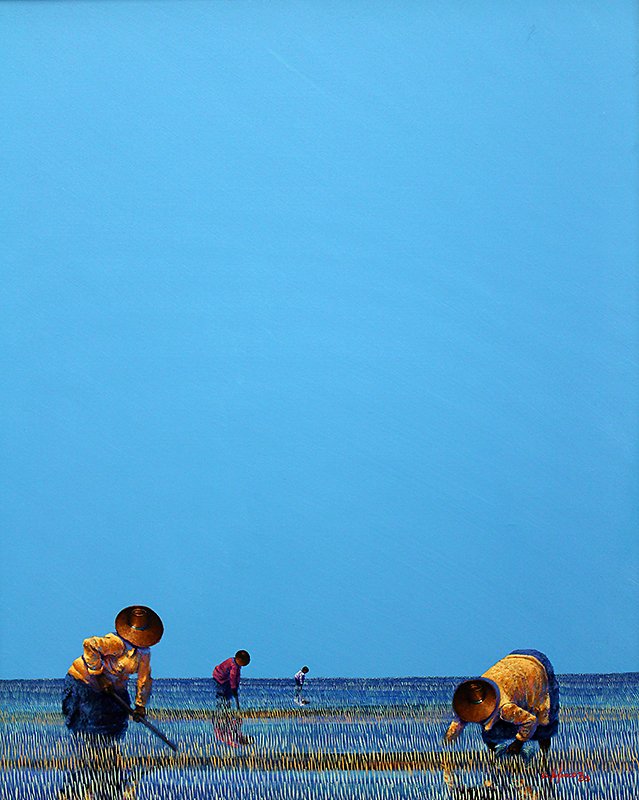 DIONISIO BLANCO PAINTING: Dionisio Blanco (Dominican Republic b.1953) Oil on canvas "Mirrors of the Sower" painting. Signed and dated 88' lower right. Measures 30" x 24" on canvas and 35" x 29" with frame.