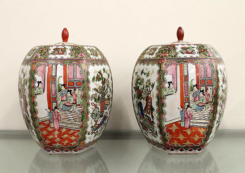 (2) CHINESE GINGER JARS: Pair of Chinese lidded ginger jars. Six character Jiaqing mark on bottom. 13" tall 10" wide.