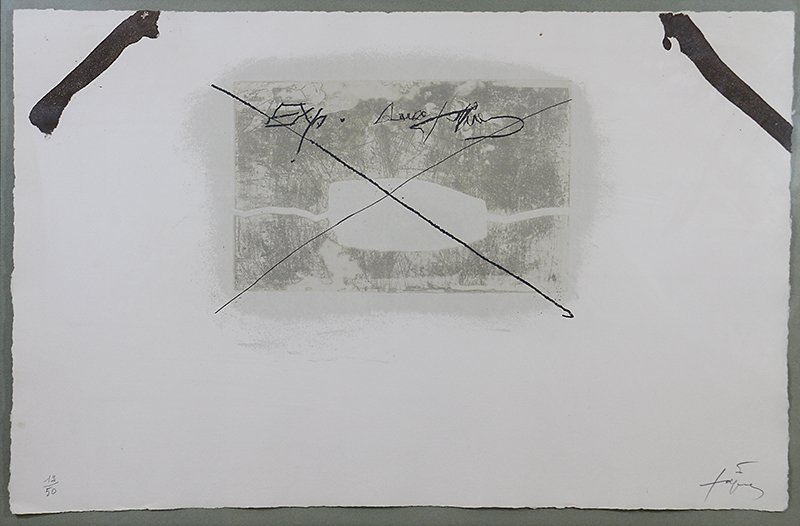 ANTONI TAPIES ETCHING: Antoni Tapies (Spanish 1923-2012) Untitled etching. Signed lower right in pencil and numbered lower left 12/50. Measures 20 1/4" x 13" and 29 3/4" x 22 3/4" with frame.