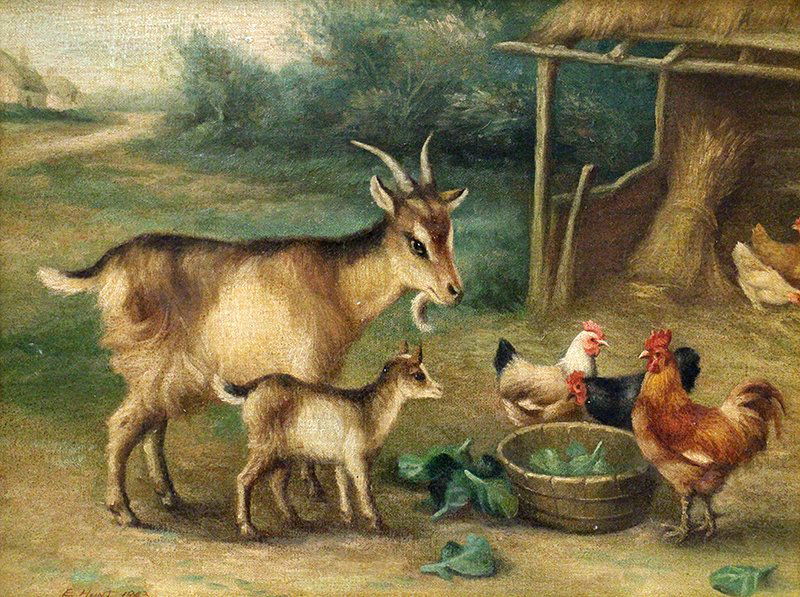 EDGAR HUNT PAINTING: Edgar Hunt (British 1876-1953) Oil on canvas painting of goats and chickens. Signed lower left and dated. Measures 16" x 12" on canvas and 21 1/2" x 17 1/2" with frame.