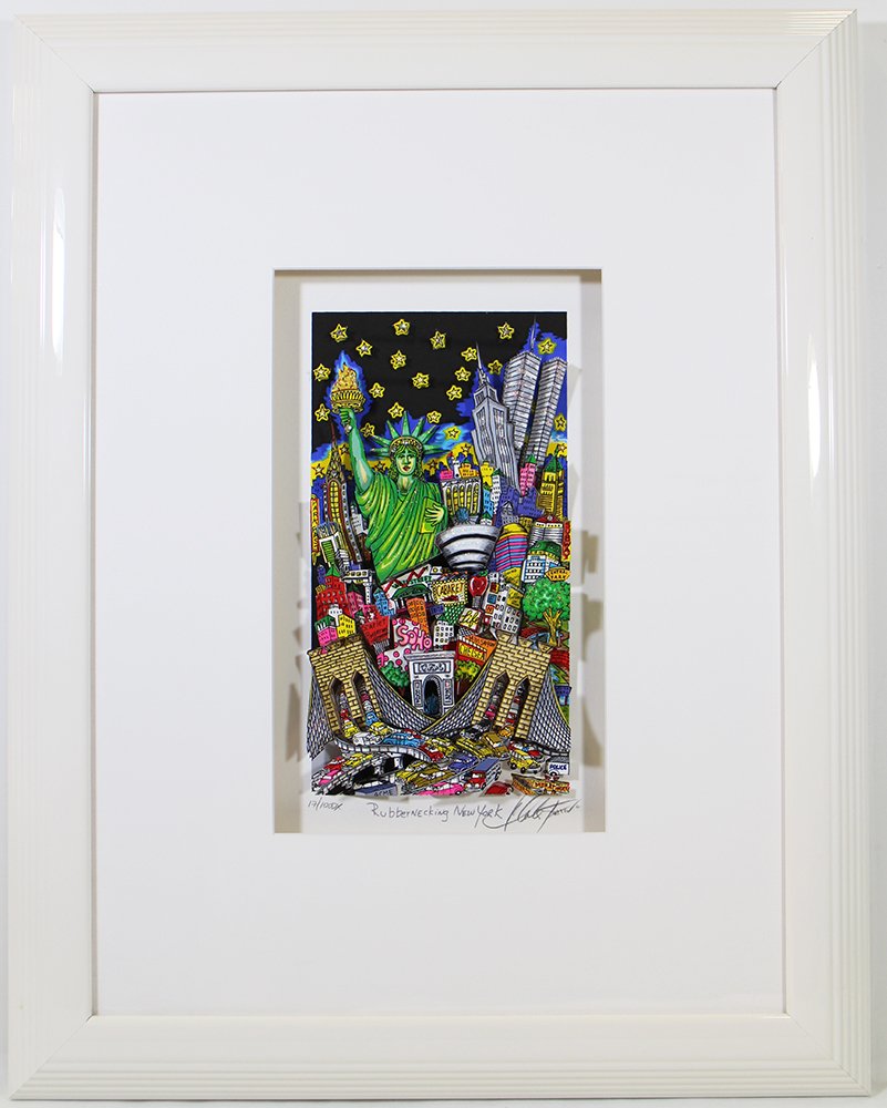 CHARLES FAZZINO NEW YORK POP ART: Charles Fazzino 3D pop art "Rubbernecking New York." Art features Broadway, Statue of Liberty, World Trade Center, & other New York landmarks. Signed lower right & numbered 12/100 DX (deluxe edition) 