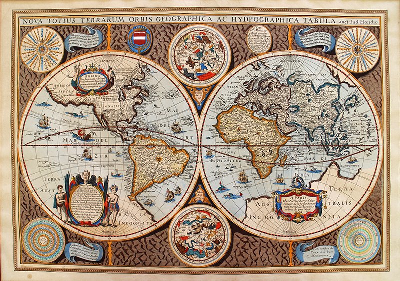 HAND COLORED FRENCH MAP: Hand colored world map after 1649 Jodocus Hondisu Nicolas Berey. Nova Totius Terrarum Orbis Geographica AC Hydpographica Tabula. Marked Marcel Molinier lower right. Unframed. Plate measures 22 1/8" x 
