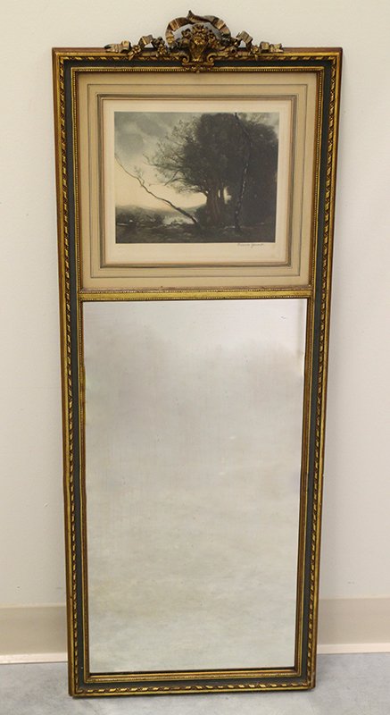 GILDED FLORAL GESSO MIRROR WITH FRANK JOWETT PRINT: Hand signed Frank Jowett colored print in a 2 panel gold framed mirror. Measures 41" x 15". Some damage to flowers on frame.