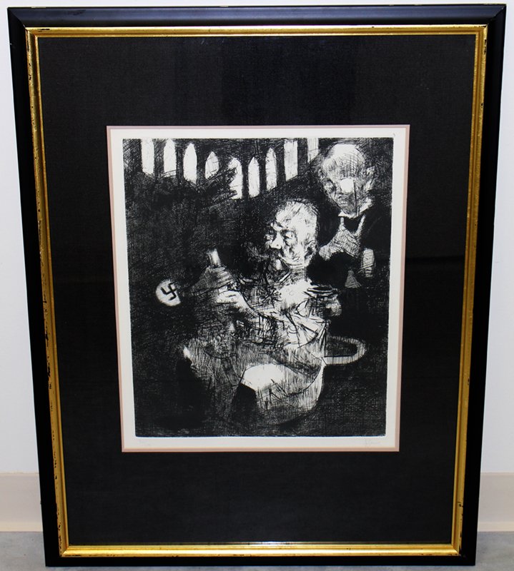 JACK LEVINE ETCHING: Jack Levine (American 1915-2010) "The End of the Weimar Republic" Etching of two German men with Swastika in background. Signed lower right in pencil and numbered 96/100 lower left. Plate measures 17