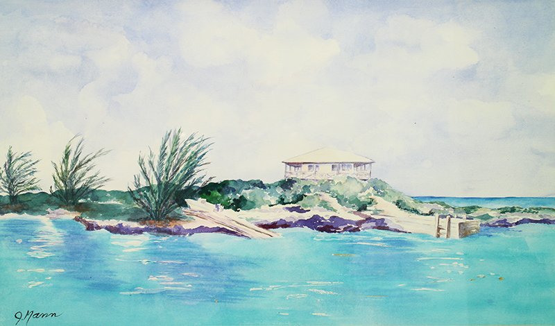 J. MANN WATERCOLOR PAINTING: Watercolor painting "Boat Point" Staniel Cay Bahamas. Signed lower left J. Mann. Measures 29" x 17" in frame and 40" x 28 1/4" with frame.