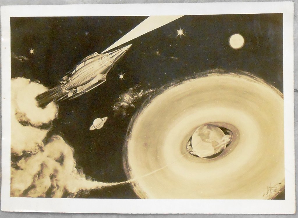 1954 CARDWELL S. HIGGINS PHOTOGRAPH: Science fiction rocket ship in outer space done by Cardwell Higgins dated 1954. Photograph on linen paper. 14" x 10".