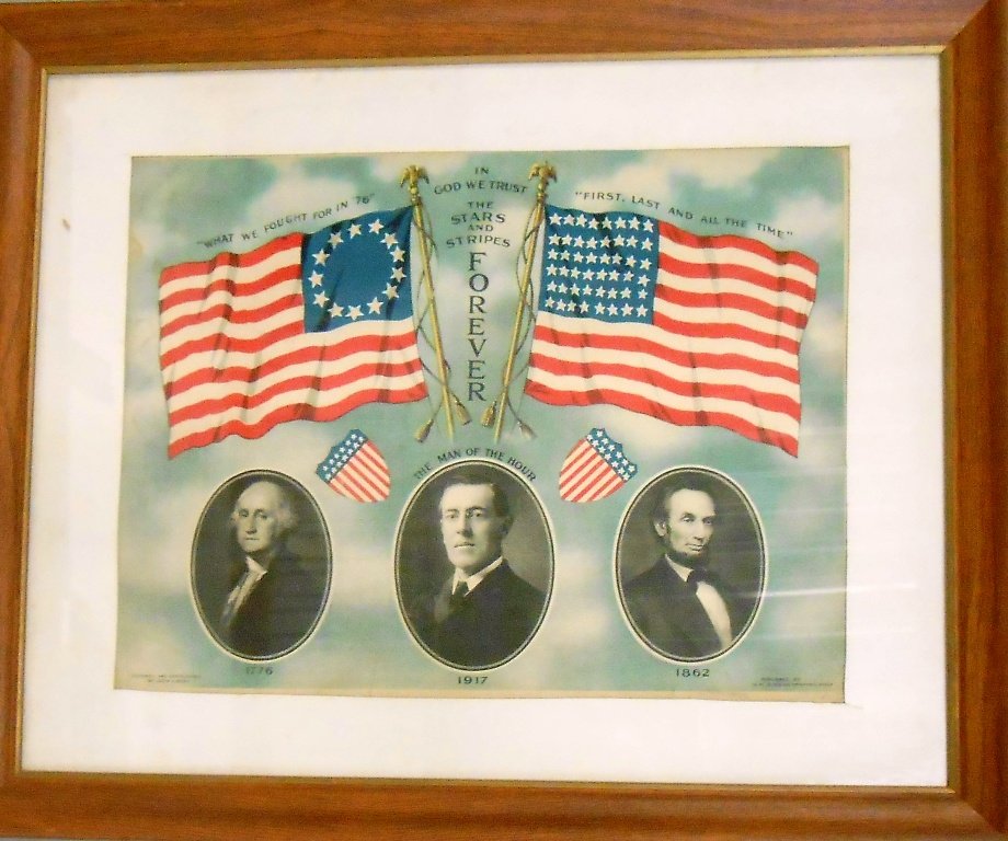 c1917 PRESIDENTIAL LITHOGRAPH: Designed and copyrighted by Louis A.. Spiro and Published by W.M. Gibdon Company in Philadelphia. George Washington, Abe Lincoln and Woodrow Wilson 15.5" X 11.5" (Framed 18.25" x 22.25").