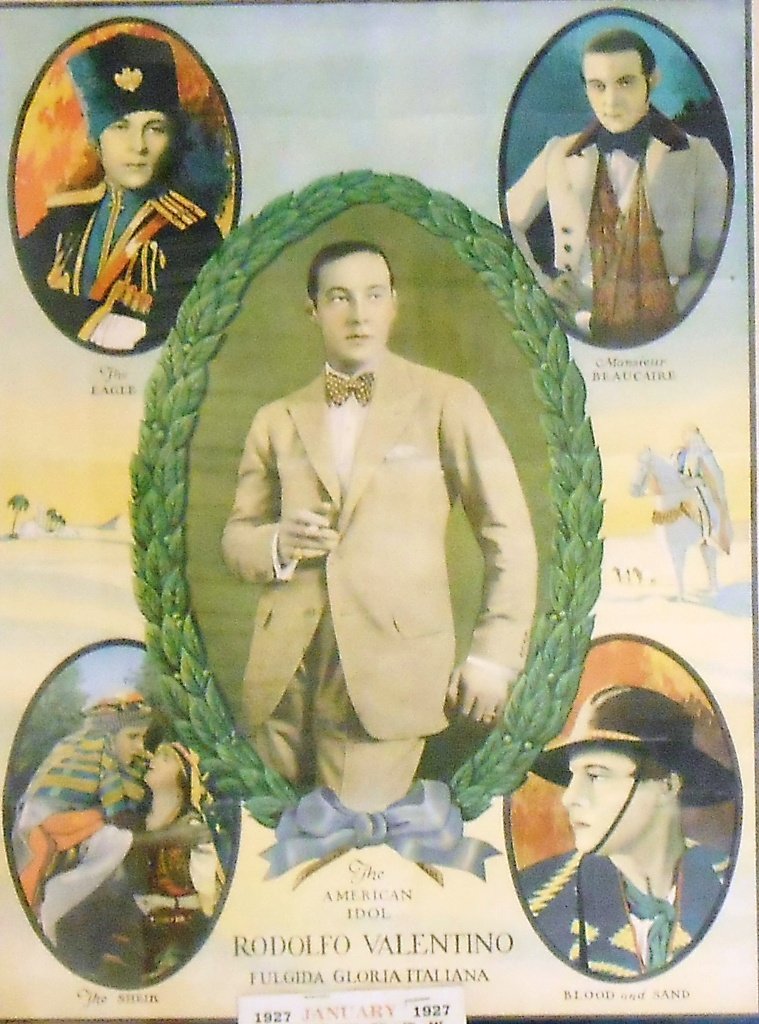c1920's RUDOLPH VALENTINO LITHOGRAPH: Very rare framed lithograph of The American Idol Rodolfo Valentino with inserts of movies, The Sheik, The Eagle, Monsieur Beaucaire & Blood and Sand. Measures 15" x 19.5" (Framed 27" x 21.5")