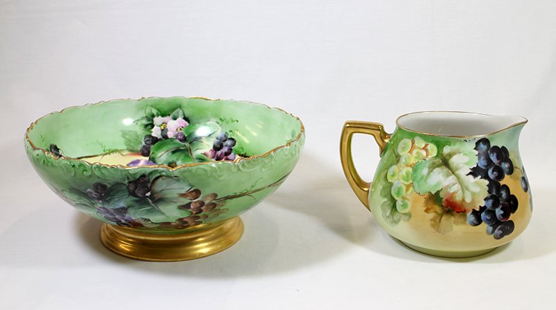 HAND PAINTED BAVARIAN BOWL & LIMOGES PITCHER: Large centerpiece bowl marked Favorite Bavaria (5 3/4" tall 13 1/2" wide) and Limoges pitcher (6" tall).