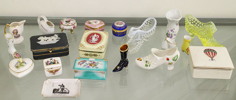 COLLECTION OF BOXES & SHOES: Porcelain & glass including trinket boxes, Limoges, Royal Worcester, Pillivuyt, Noritake, Coalport & more.