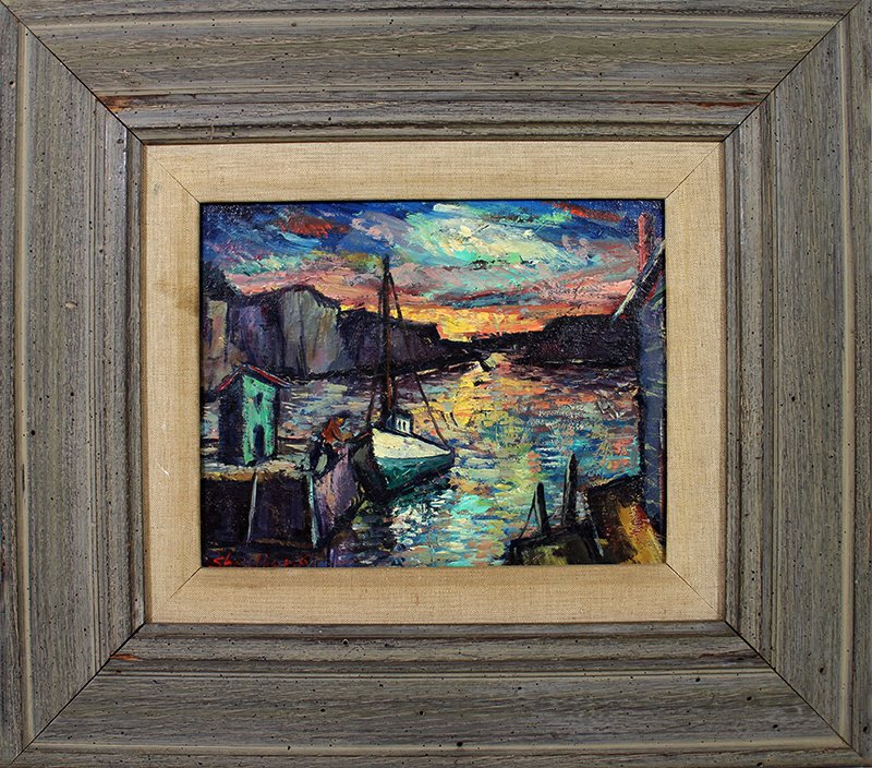 HARRY SHOULBERG PAINTING: Harry Shoulberg (American 1903-1995) Oil on canvas marine harbor scene. Signed lower left. Measures 8" x 10" on canvas and 18 1/4" x 16 1/4" with frame.