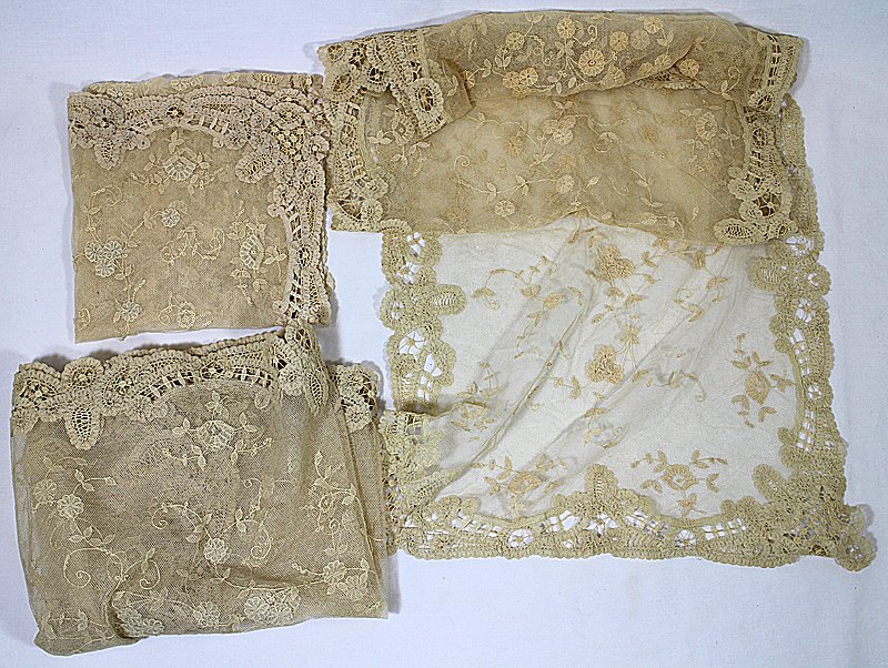 (3) ANTIQUE FRENCH TAMBOUR LACE TABLE SCARF: 3 handmade embroidered tambour lace table scarves. (2) measure 32" x 14 and the larger one measures 52" x 16" .