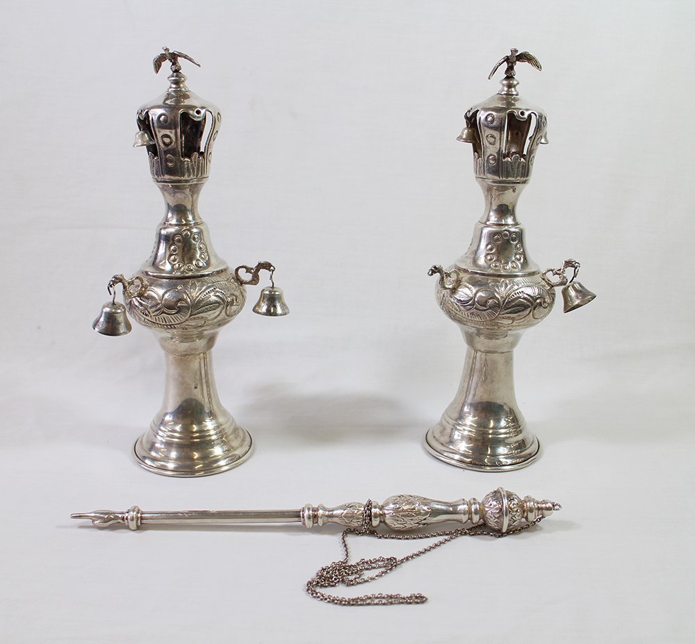 STERLING ATZEI CHAIM TORAH CROWN ROLLER & POINTER: Judaica sterling silver Atzei Chaim for Sefer Torah pointer. The 2 crowns are marked hand chased Esco sterling and measure 11.5" tall. Some missing bells. The pointer measures 12" and is marked 835. W