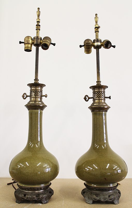 (2) WARREN KESSLER ORIENTAL LAMPS: Pair of Warren Kessler Chinese design lamps with green crackle. Each with Warren Kessler New York label. 31 1/2" tall.