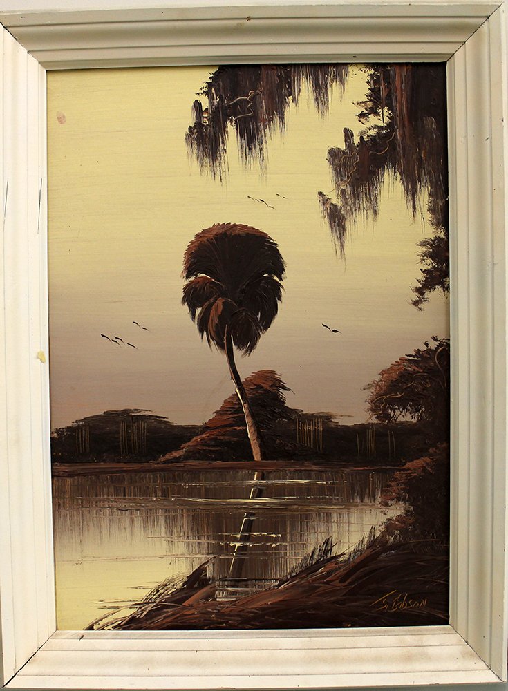 JAMES GIBSON HIGHWAYMEN PAINTING: James Gibson (American 20th Century) Florida highwaymen painting of a palm tree. Signed lower right. Measures 21 1/4" x 16" on upson and 25 5/8" x 19 1/8" with frame.