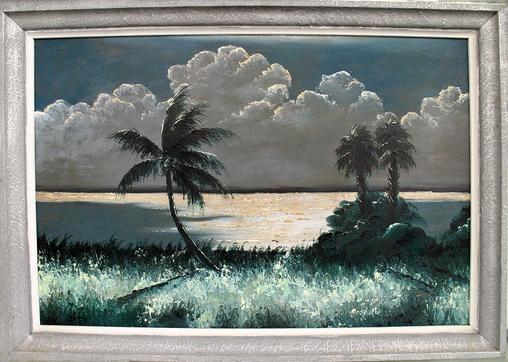 JAMES GIBSON HIGHWAYMEN PAINTING: James Gibson (American 20th Century) Florida highwaymen painting of a cloudy ocean scene with palm trees. Signed lower right & also on back of painting. Measures 36 1/2" x 24" on upson and 39 1/2" x 2