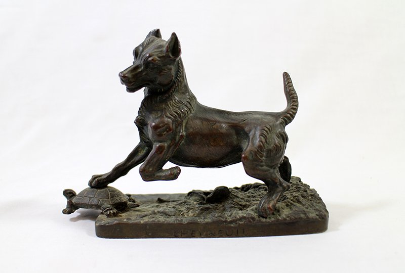 PJ MENE BRONZE DOG & TURTLE: Pierre Jules Mene (1810-1879) Bronze sculpture of a dog with turtle. Marked Chevreuil on front and PJ Mene. 6" wide.