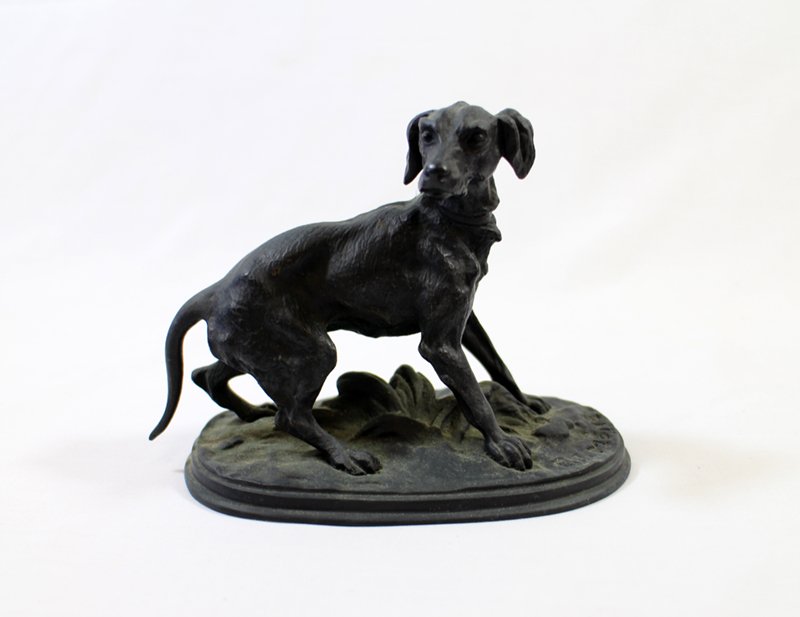 PJ MENE BRONZE DOG: Pierre Jules Mene (1810-1879) Bronze sculpture of a dog. Marked PJ Mene on base. 5 5/8" wide.
