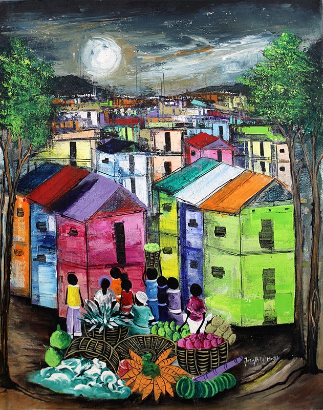 JOSEPH ADERSON HATIAN PAINTING: Joseph Aderson Haitian painting on canvas titled " Dusk in the Village." Measures 20" x 16." Unframed.
