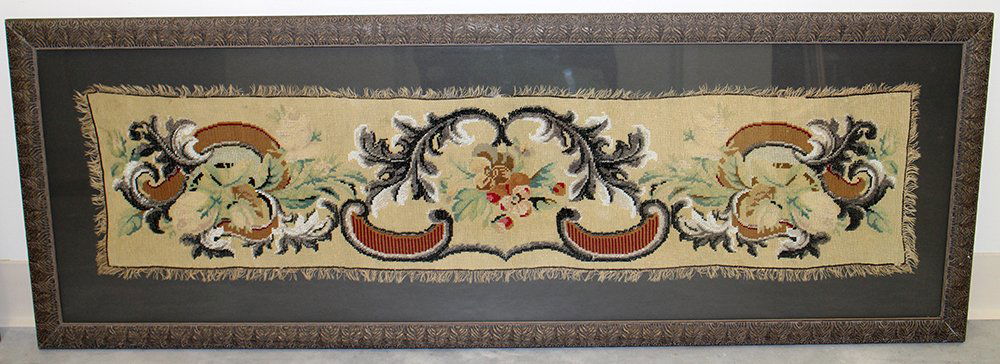 ANTIQUE FRAMED GLASS BEADED NEEDLEPOINT: Antique framed needlepoint with glass beads. Measures 43" wide in frame and 51" x 18 1/2" with frame.
