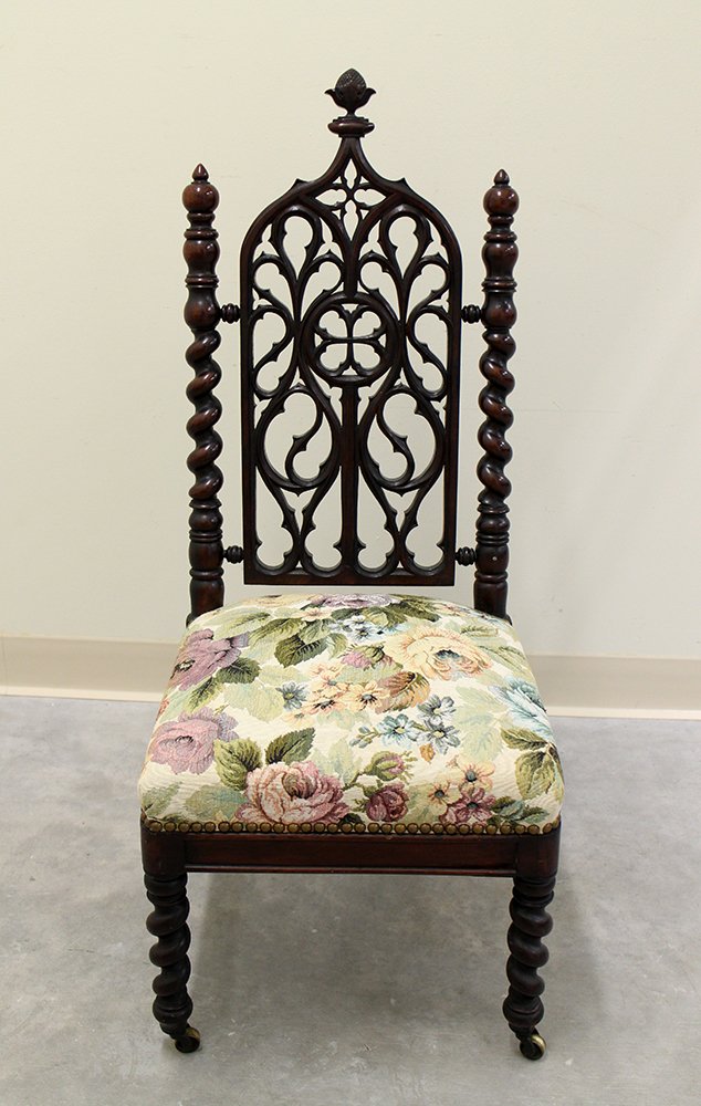 GOTHIC REVIVAL SIDE CHAIR: Gothic revival side chair with twist legs. 37" tall 16" x 15 1/4" wide.