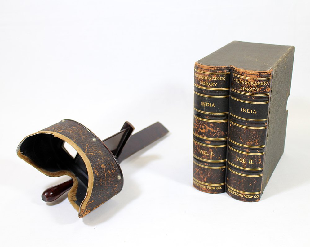 KEYSTONE INDIA SLIDES & VIEWER: Keystone stereoview stereographic library India slides volume 1 & 2 in a book design holder. Viewer missing slide holder.
