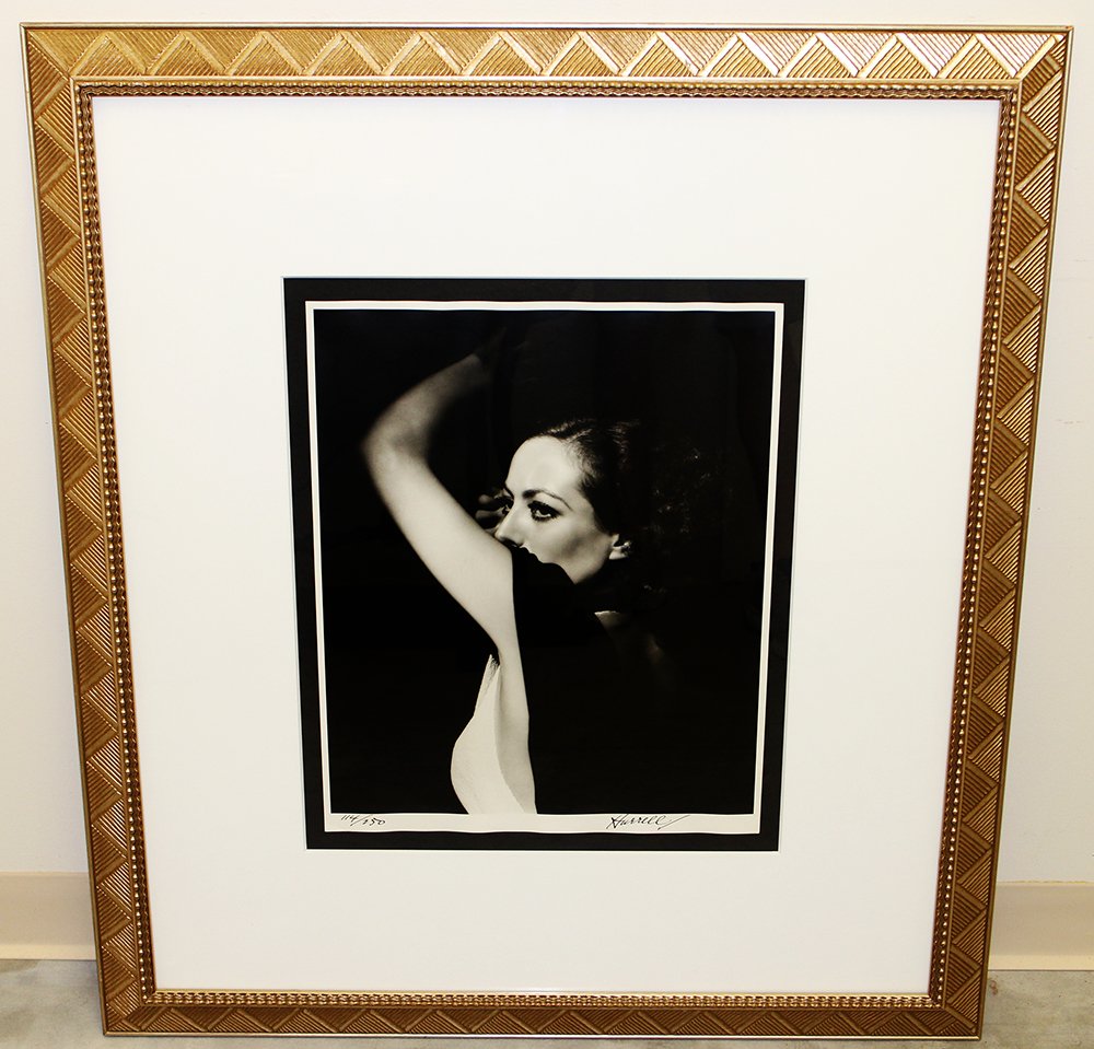 GEORGE HURRELL JOAN CRAWFORD PHOTOGRAPH: George Hurrell (American 1904-1992) Black and white photograph of Joan Crawford. Signed lower right and numbered lower left 114/250. Measures 20" x 16" and 38" x 34" with frame.