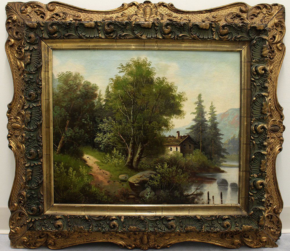 H. HERZOG PAINTING: Hermann Herzog (1832-1932) Oil on canvas landscape painting. Signed lower left H Herzog. Measures 24" x 20" on canvas and 36" x 32" with frame.