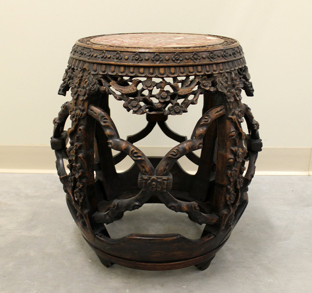 CHINESE CARVED HARD WOOD STOOL W/ MARBLE: Chinese carved hardwood stool or small table with round marble top. Carved accents are of birds & flowers. 20" tall 17" wide.
