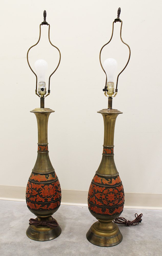 (2) BRASS CHAMPLEVE LAMPS: Pair of tall red champleve & brass lamps. 28 1/4" tall to base of finial.