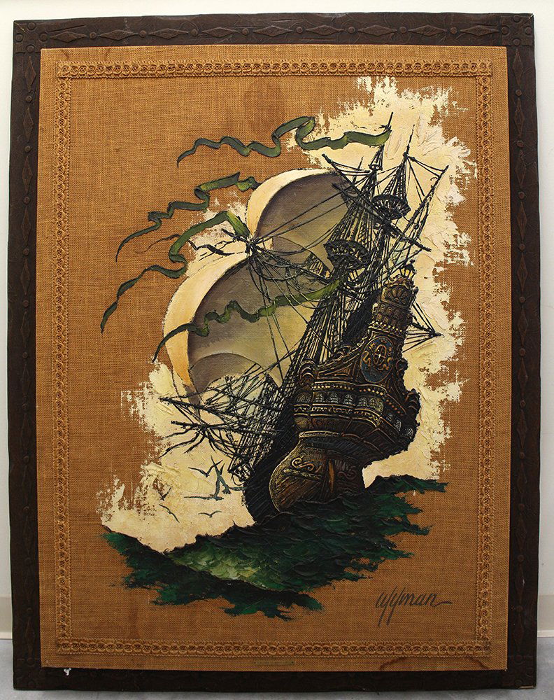 WYMAN SHIP ARTWORK: Large framed pirate ship artwork signed Wyman. Measures 54 1/2" x 42" with frame. Some wear & spots.