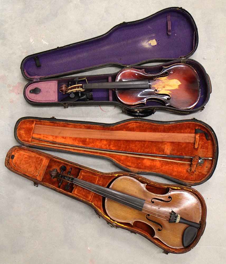 (2) VIOLINS: One with label marked Antonius Stradivarius Cremonesis Faciebat Anno 1734, other without label, stripped on back side.
