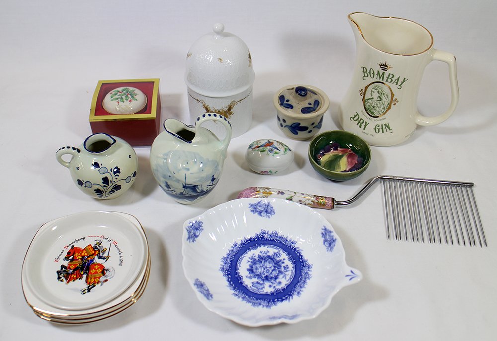 MOORCROFT, DELFT, LIMOGES & MORE: Collection of pottery to include Moorcroft, Delft, Rosenthal, Lenox, Limoges, Staffordshire Wade Bombay Gin pitcher.