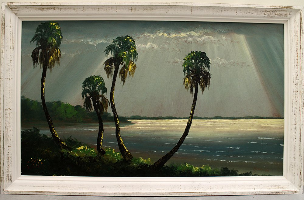 HAROLD NEWTON HIGHWAYMEN PAINTING: Harold Newton(1934-1994) Early 1950's Florida highwaymen painting of a rainy beach scene with palm trees. Measures 40" x 24" on upson board and 43 1/4" x 27" with frame.