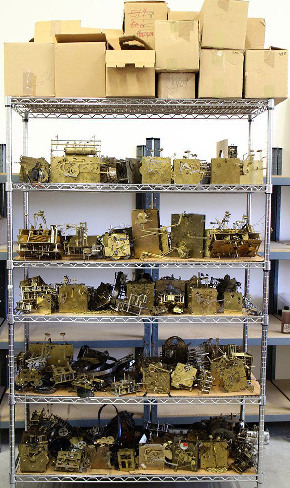 150+ CLOCK MOVEMENTS: Collection of over 150 clock movements including Howard Miller, Hermie, Urgos, Mason Sullivan, Trend, Hamilton, Seth Thomas, Herman Miller, Pearl, Daneker, Herschede, Heinz Jauch, Welby, marti, Gebrud
