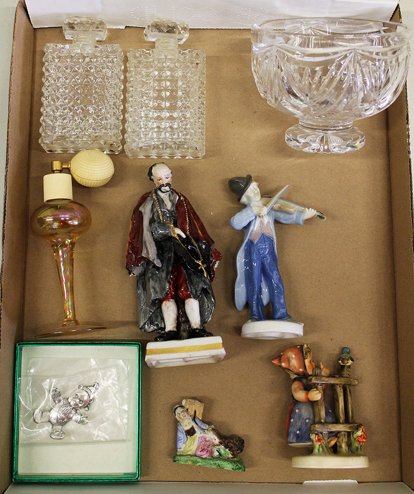 PERFUME BOTTLES & FIGURINES: Vintage perfume bottles, Hummel figurine, Capodimonte figurine, Waterford Crystal bowl, & more.