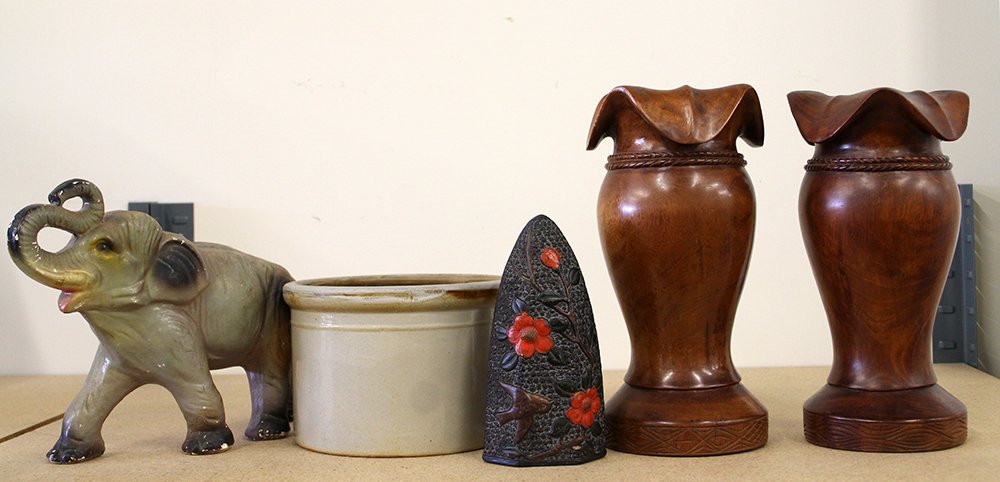 WOOD VASES, ELEPHANT, & MORE: Carved wood vases, chalkware elephant, & more.