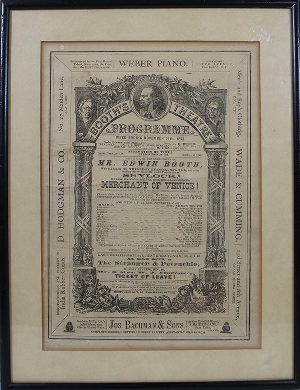 1870's BOOTH'S THEATRE ADVERTISEMENT: c1873 Booth's Theatre advertisement for Shakespeare's Merchant of Venice. 14" x 10 3/4" with frame.